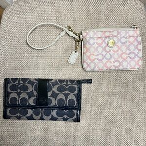 Coach Group, 2 EUC, Pink/Purple Wristlet 6x4” & Navy/Tan Wallet, 7.5”x4”,